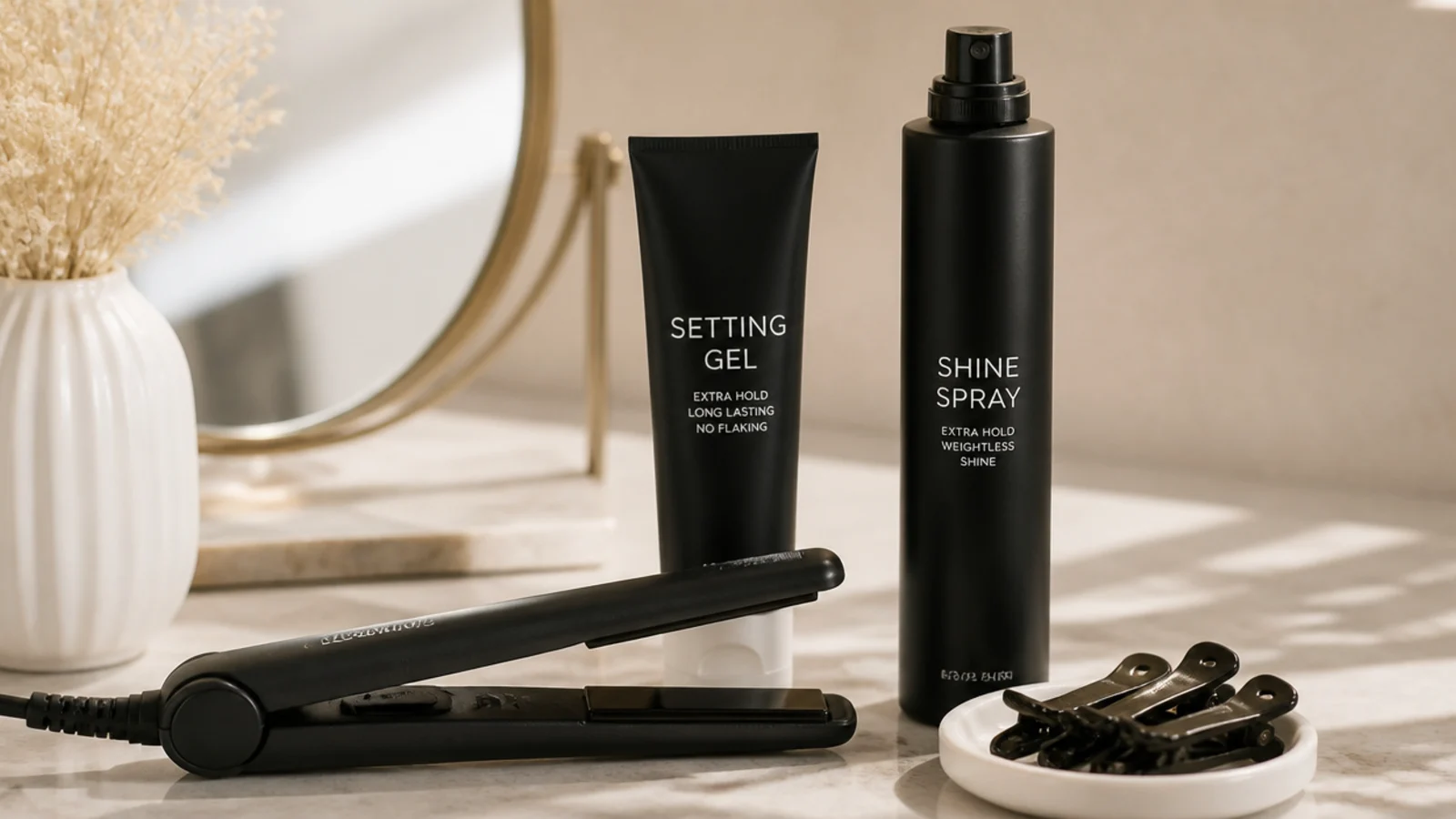 A small iron, setting gel, clips and shine spray for short-hair waves