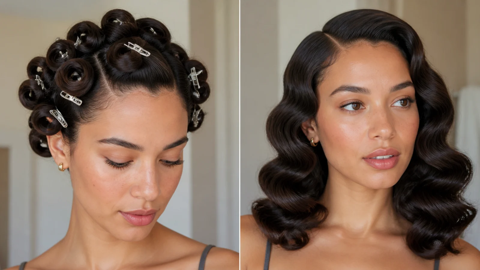 Curls pinned to the head in pin curls to cool and set