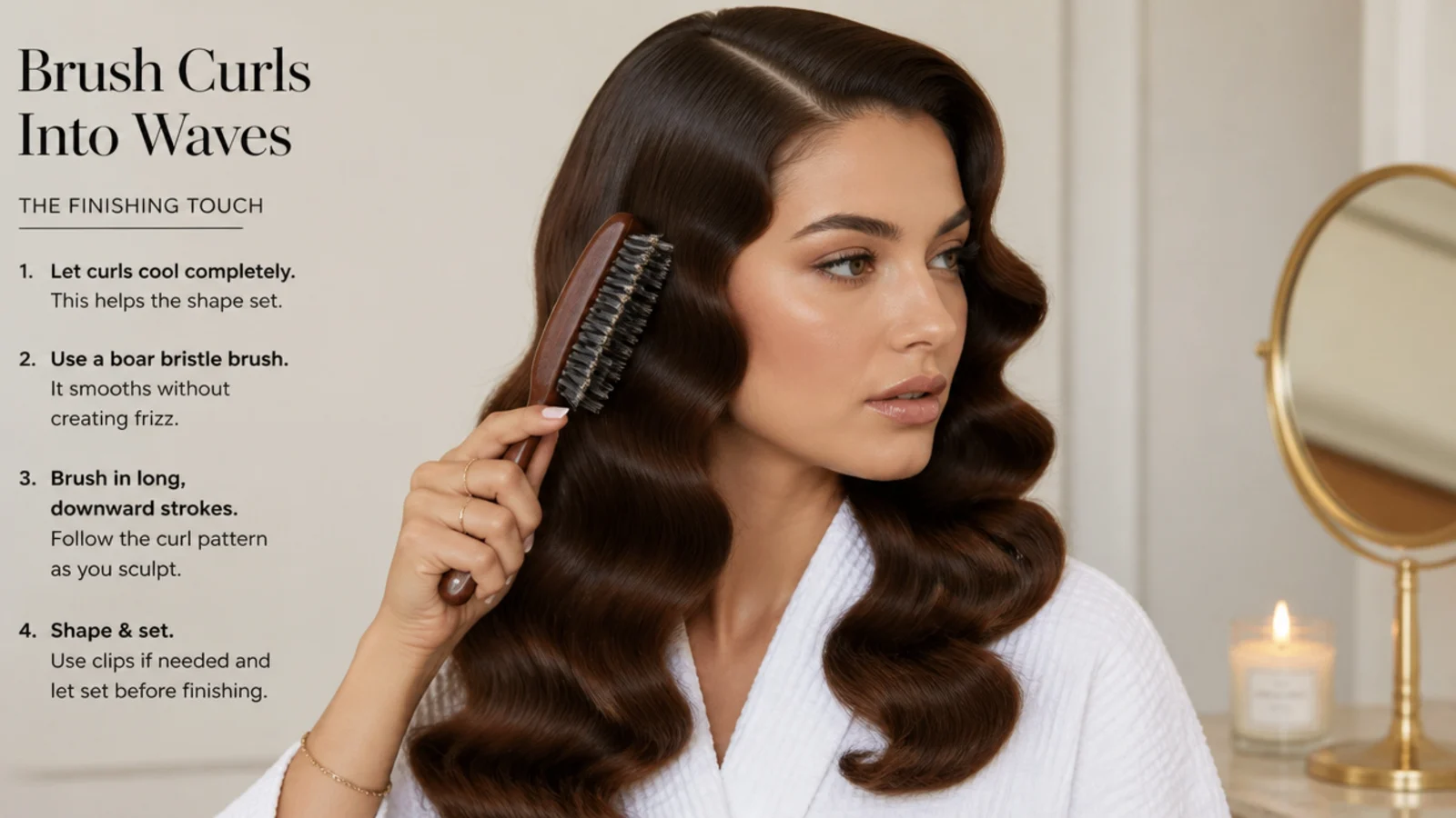 Brushing cooled curls into smooth Hollywood waves with a boar-bristle brush