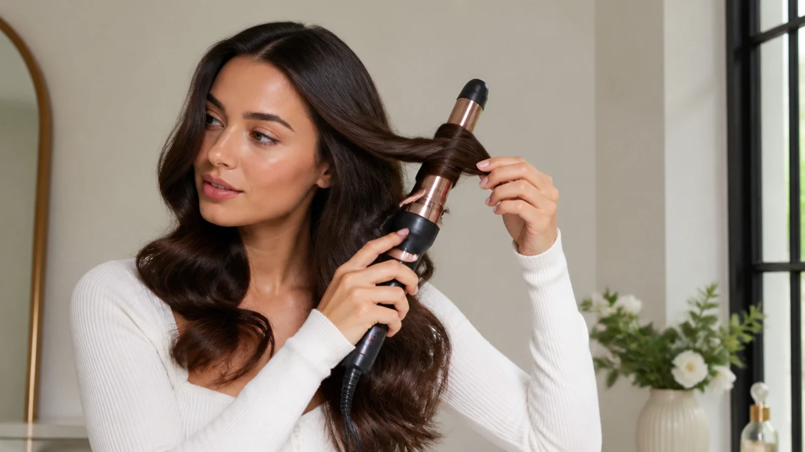 Curling hair away from the face to create Hollywood waves at home