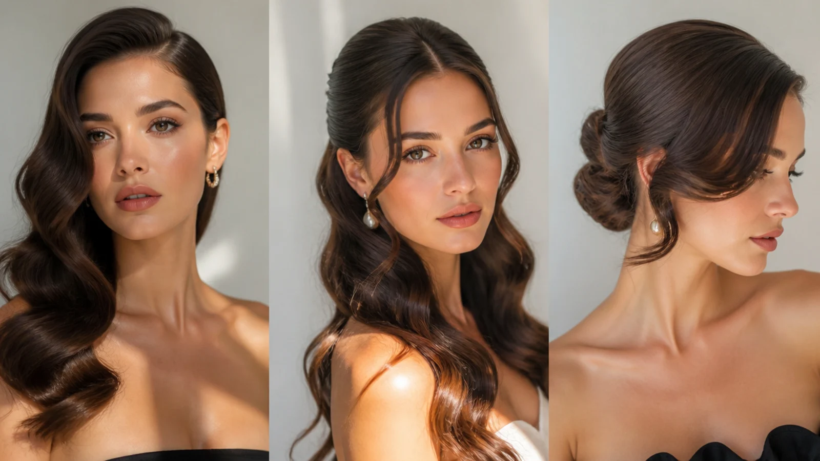 Hollywood waves shown side-swept, half-up and with a low bun