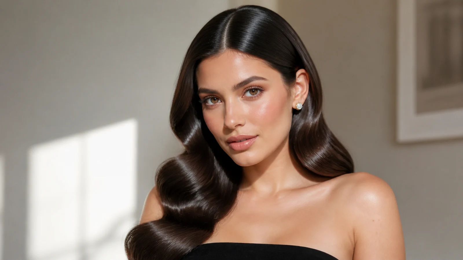 Sleek Hollywood waves with a clean middle part