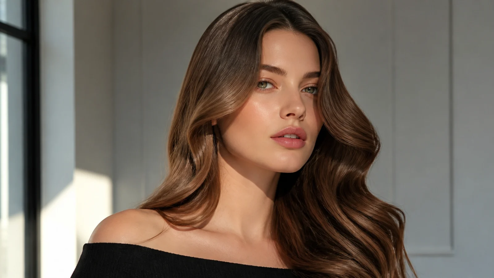 Soft, brushed-out glossy Hollywood waves with a satin finish