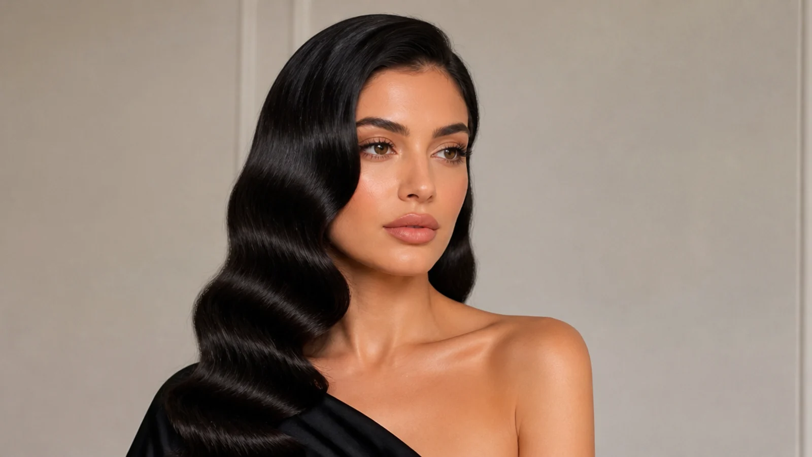 Long glossy Hollywood waves cascading over one shoulder