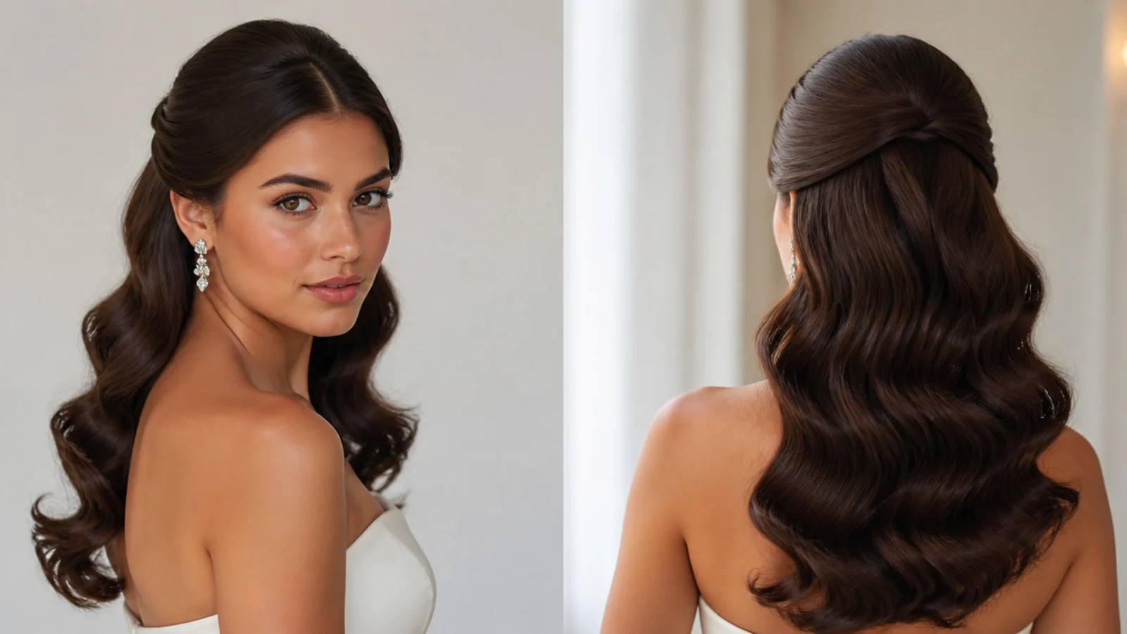 Half-up Hollywood waves with the top pinned and waves flowing