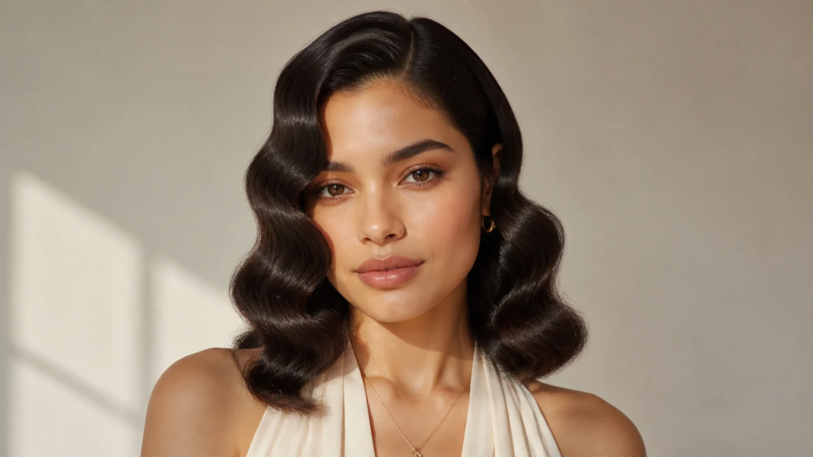 Shoulder-length hair in polished Hollywood waves