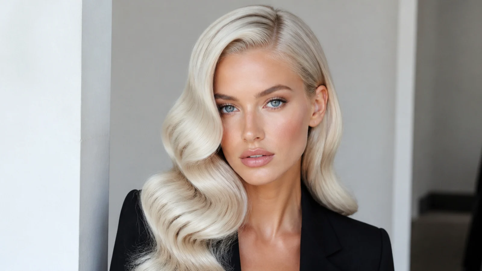 Icy platinum blonde hair in glossy Hollywood waves