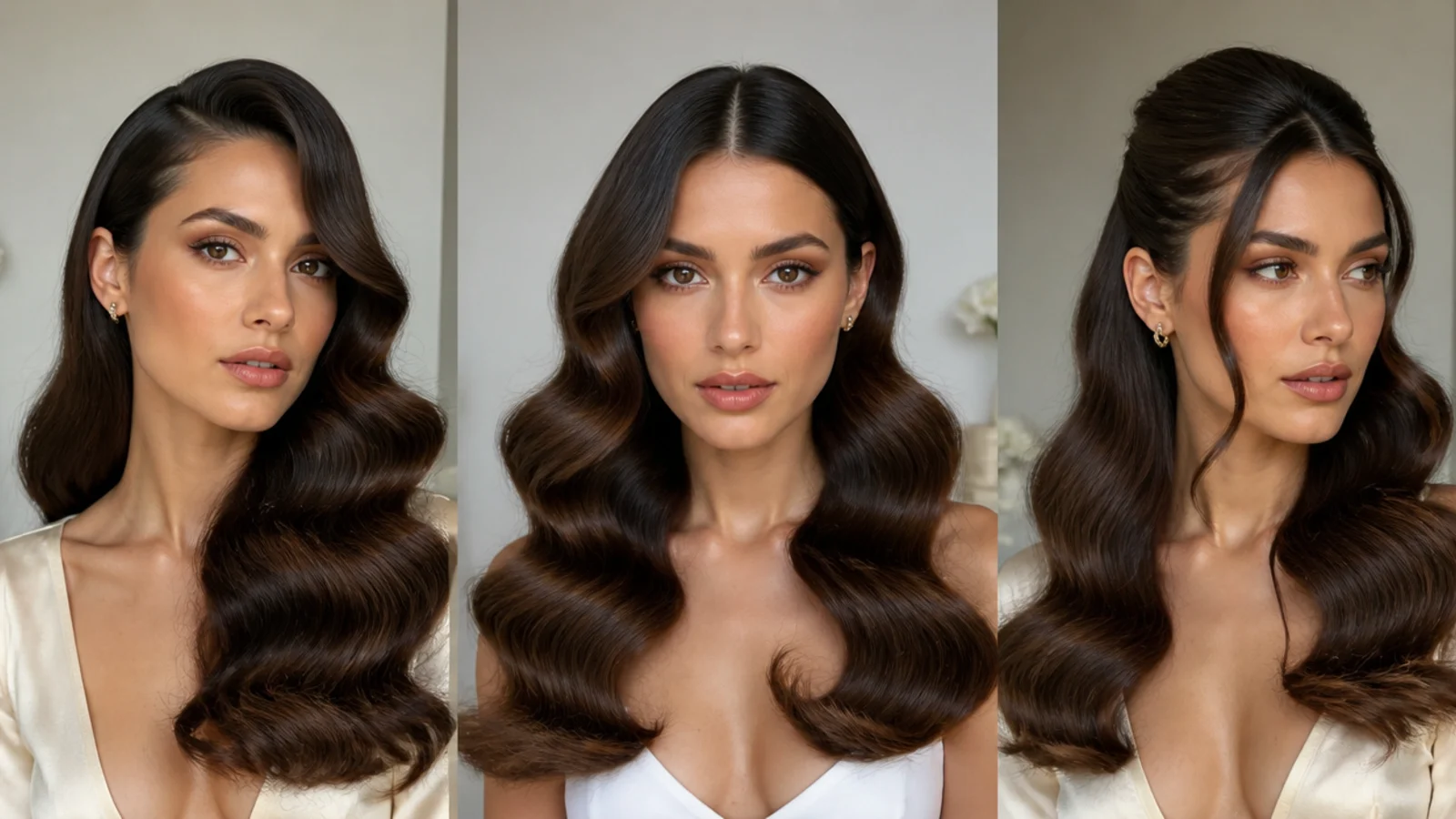 Hollywood waves shown with a deep side part, middle part and half-up