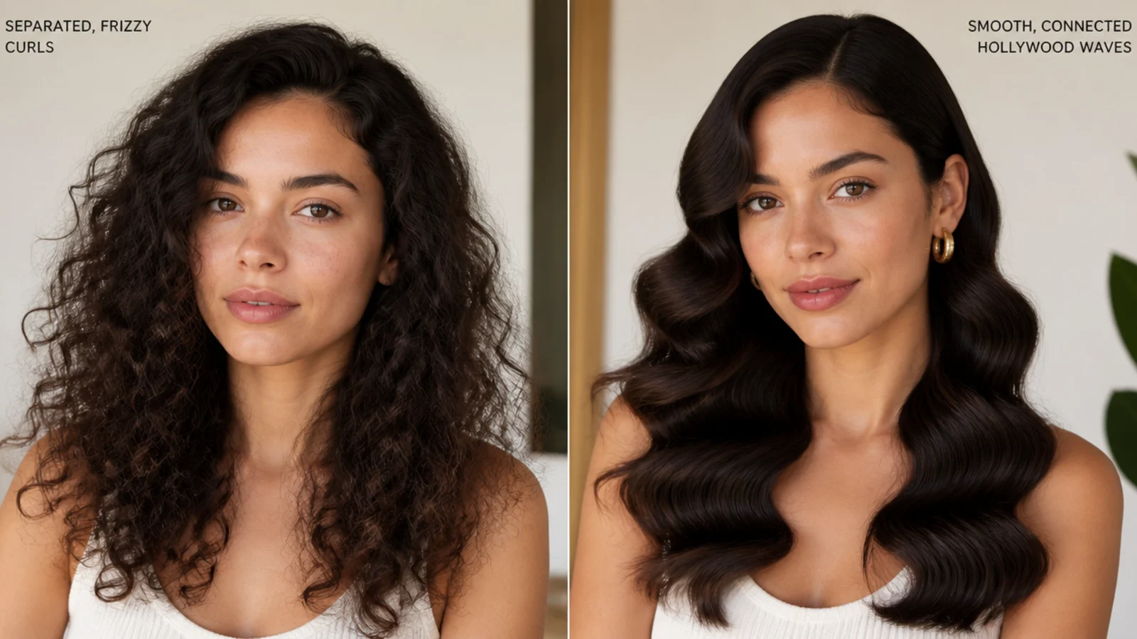 Smooth, connected Hollywood waves versus separated, frizzy curls
