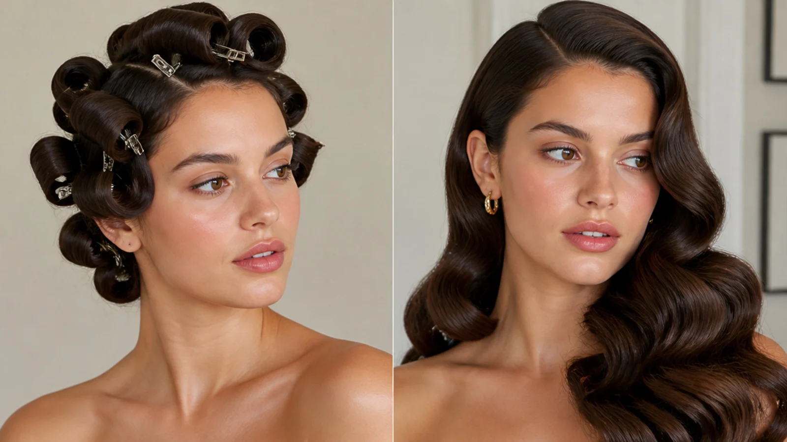 Curls pinned to the head to cool before brushing into Hollywood waves