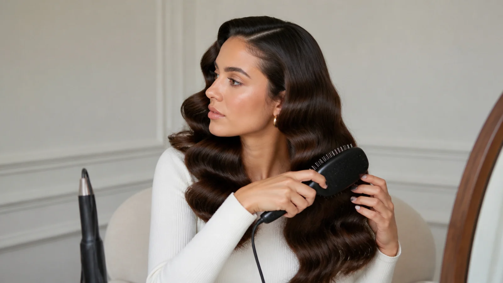 Brushing cooled curls into smooth connected Hollywood waves