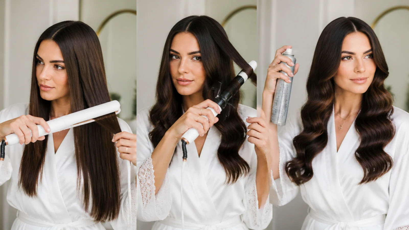 Smoothing hair before curling and adding shine spray at the end