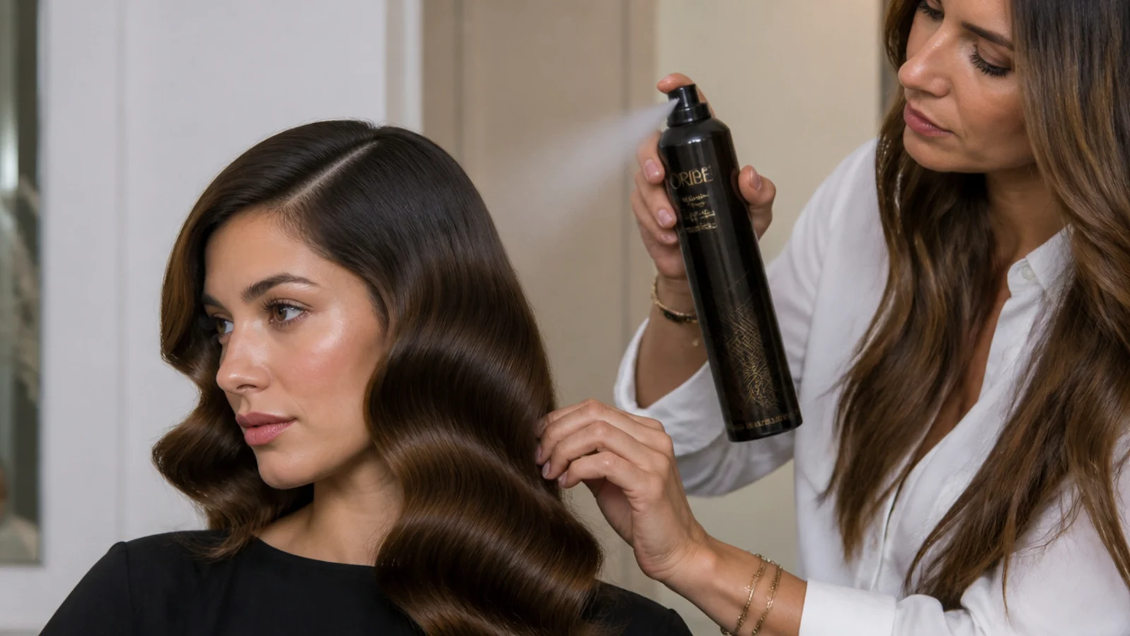Setting Hollywood waves with a flexible hairspray for soft hold