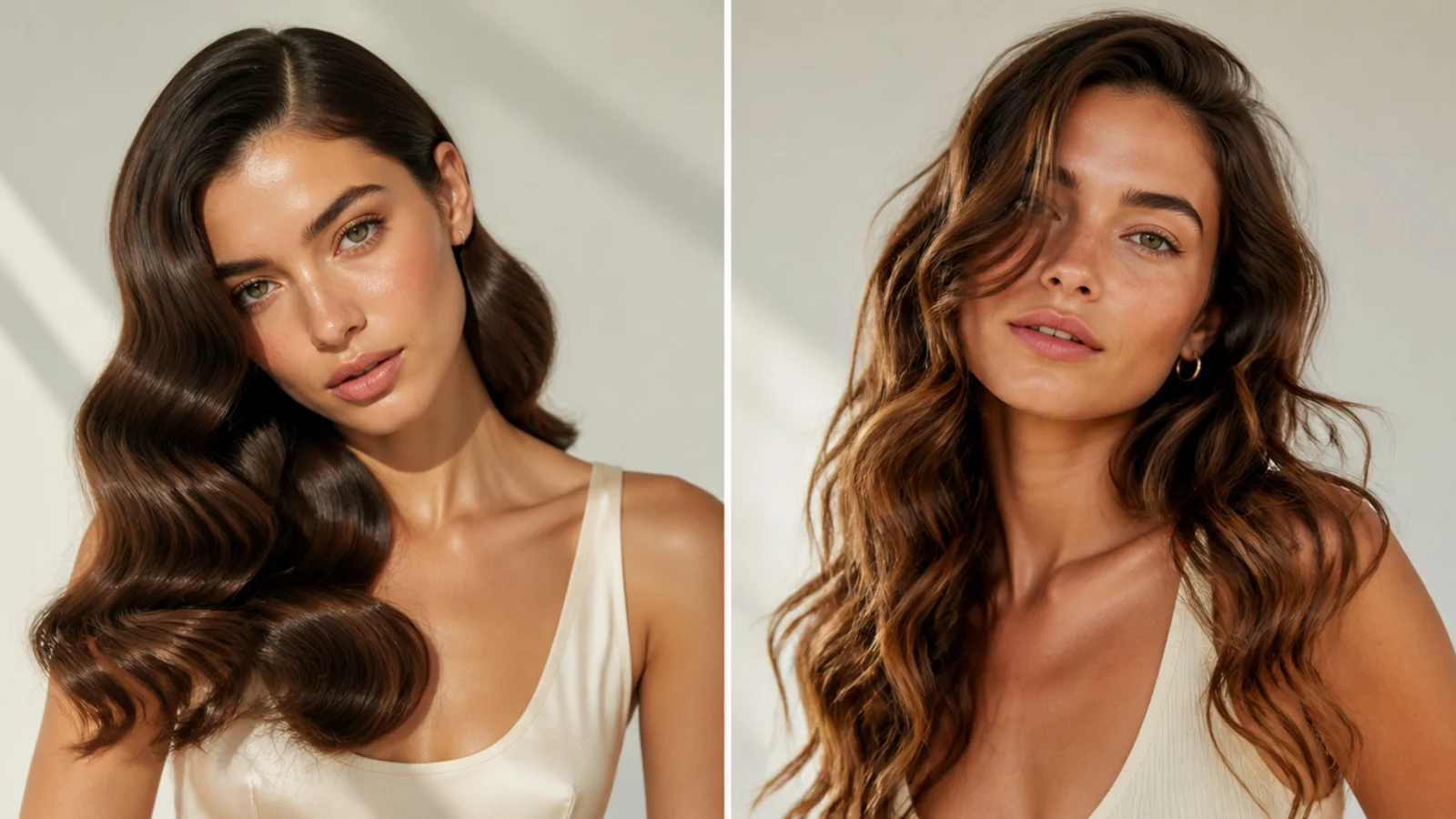 Sleek Hollywood waves on one side and tousled beach waves on the other