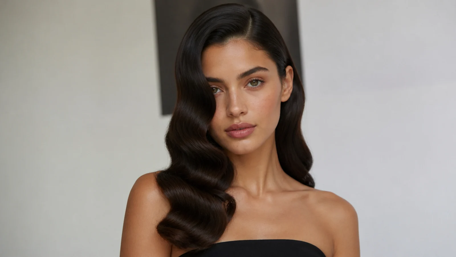Sleek, glossy Hollywood waves with a deep side part