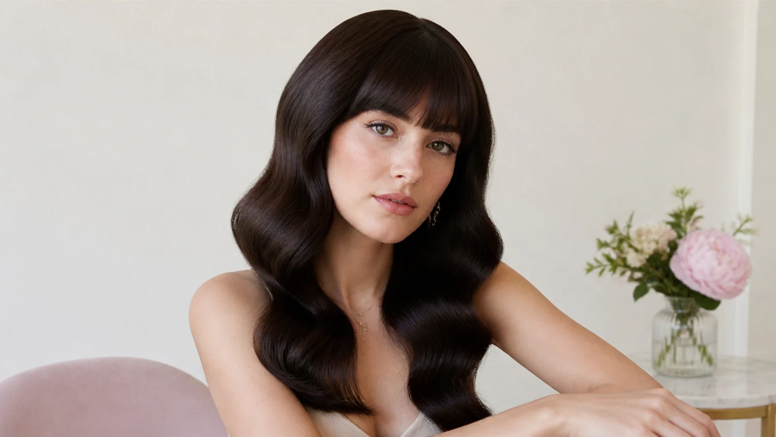 Sleek Hollywood waves with a blunt fringe