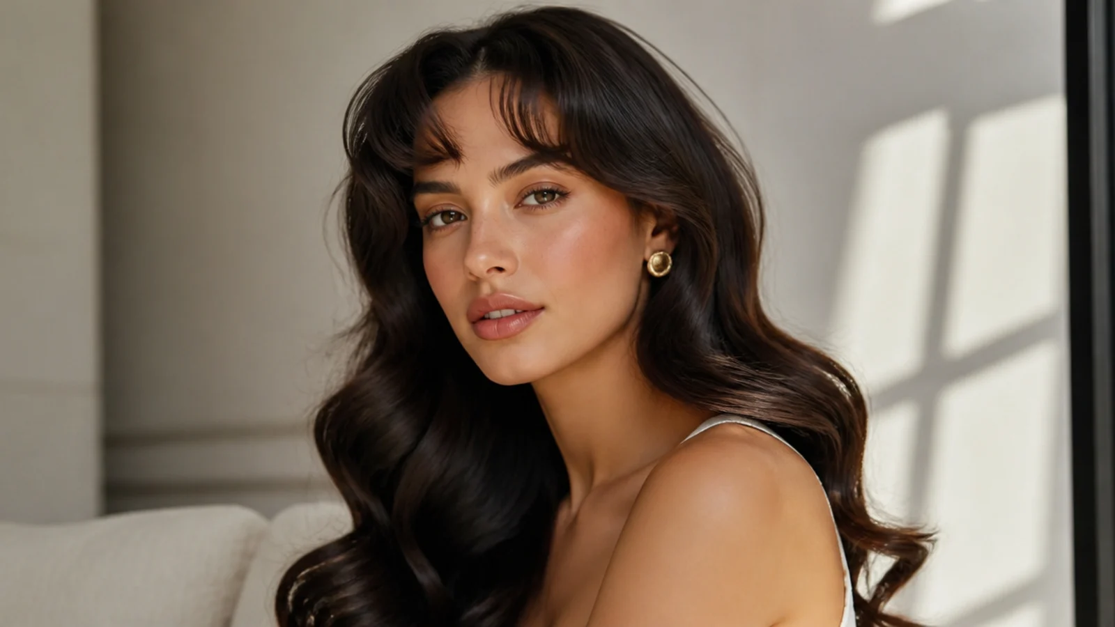 Hollywood waves with soft curly bangs