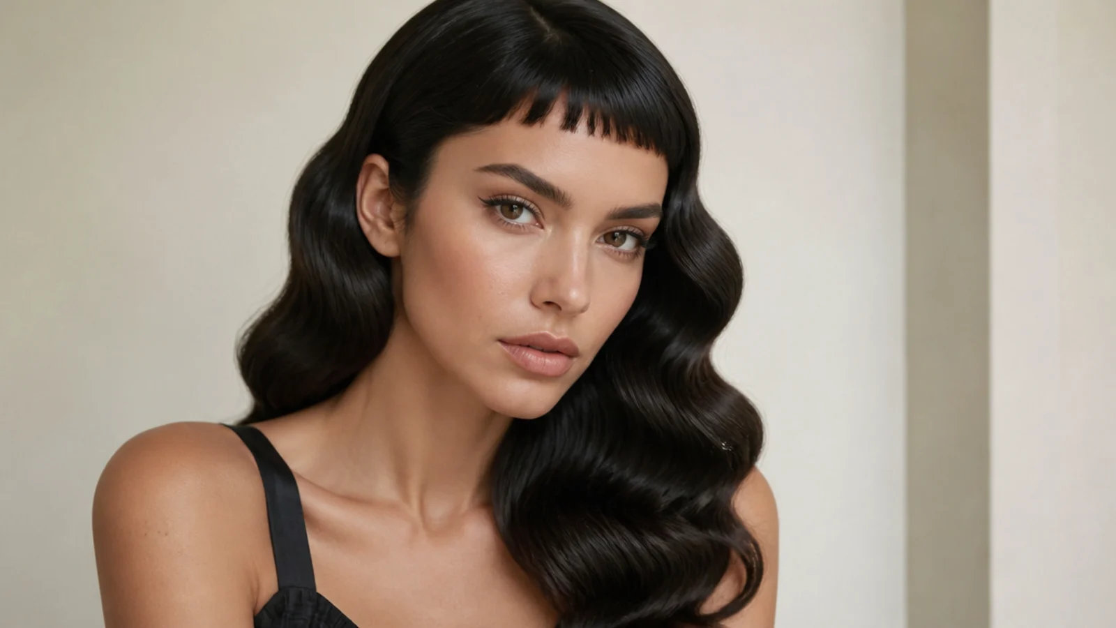 Hollywood waves with bold micro baby bangs