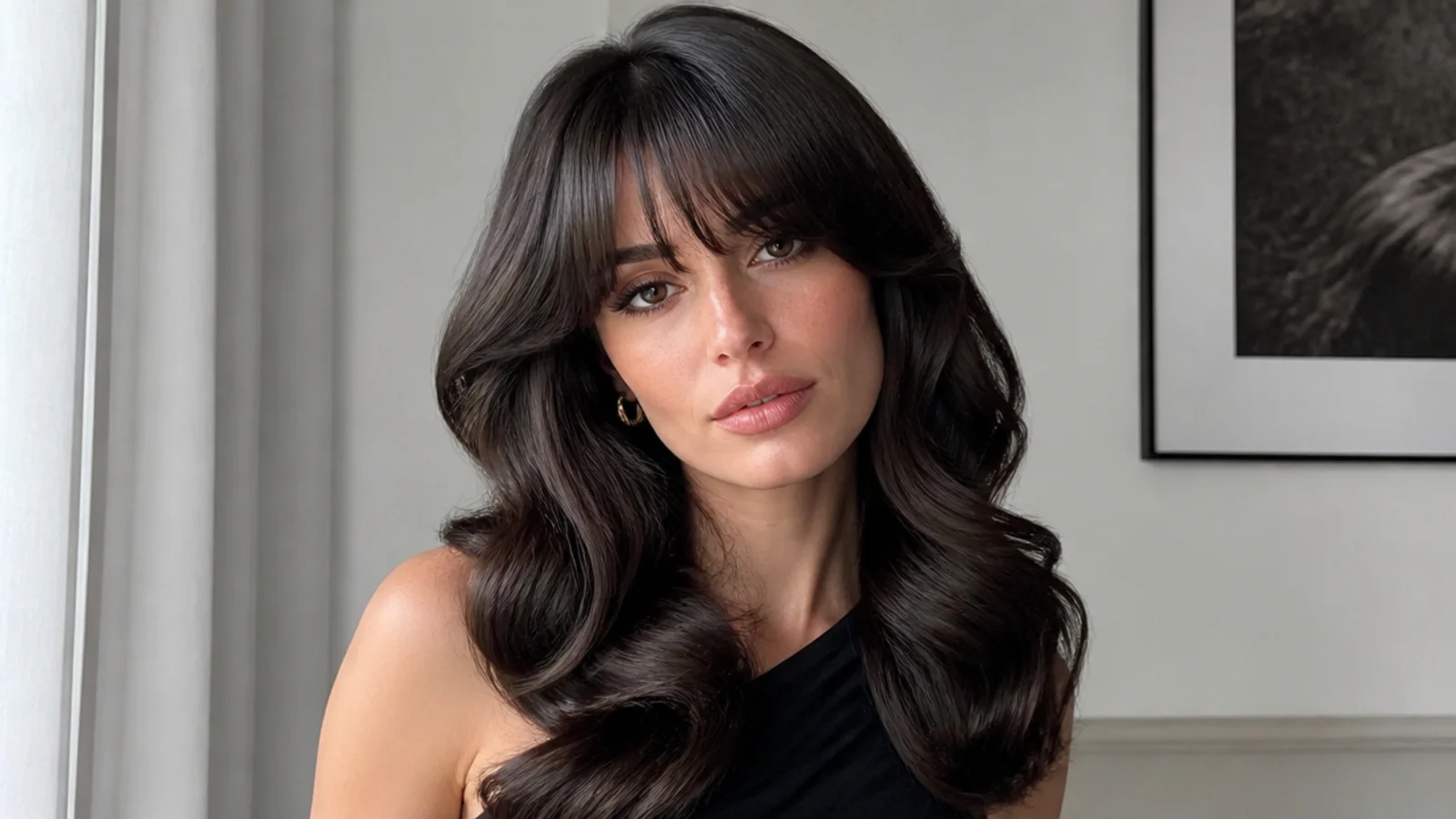 Voluminous Hollywood waves with full Bardot-style bangs