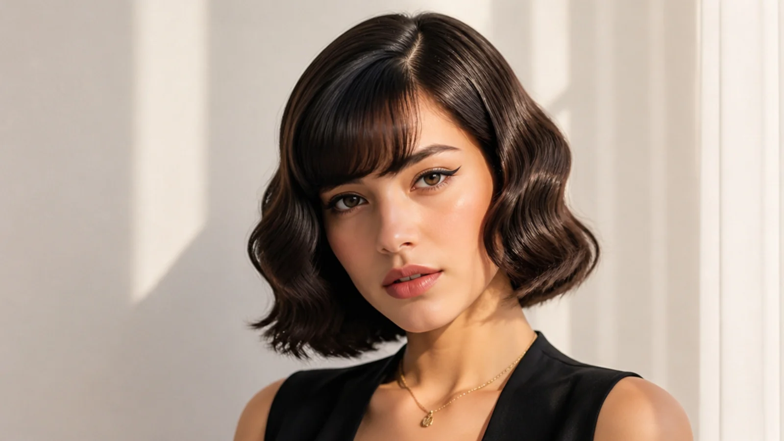 A bob with bangs styled in Hollywood waves