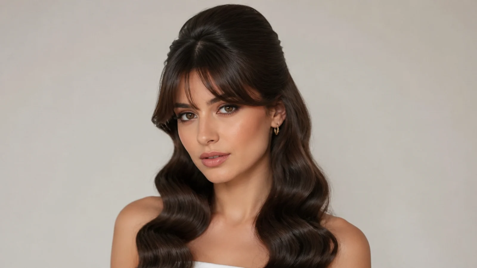 Hollywood waves in a half-up style with bangs