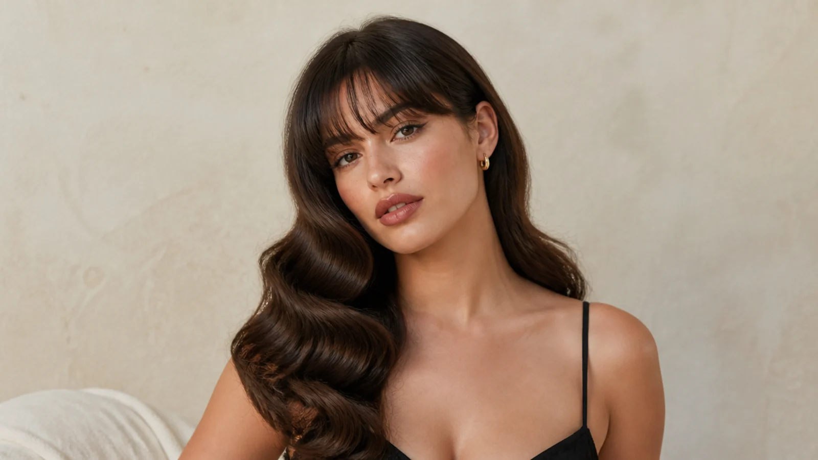 Bangs with Hollywood waves swept over one shoulder