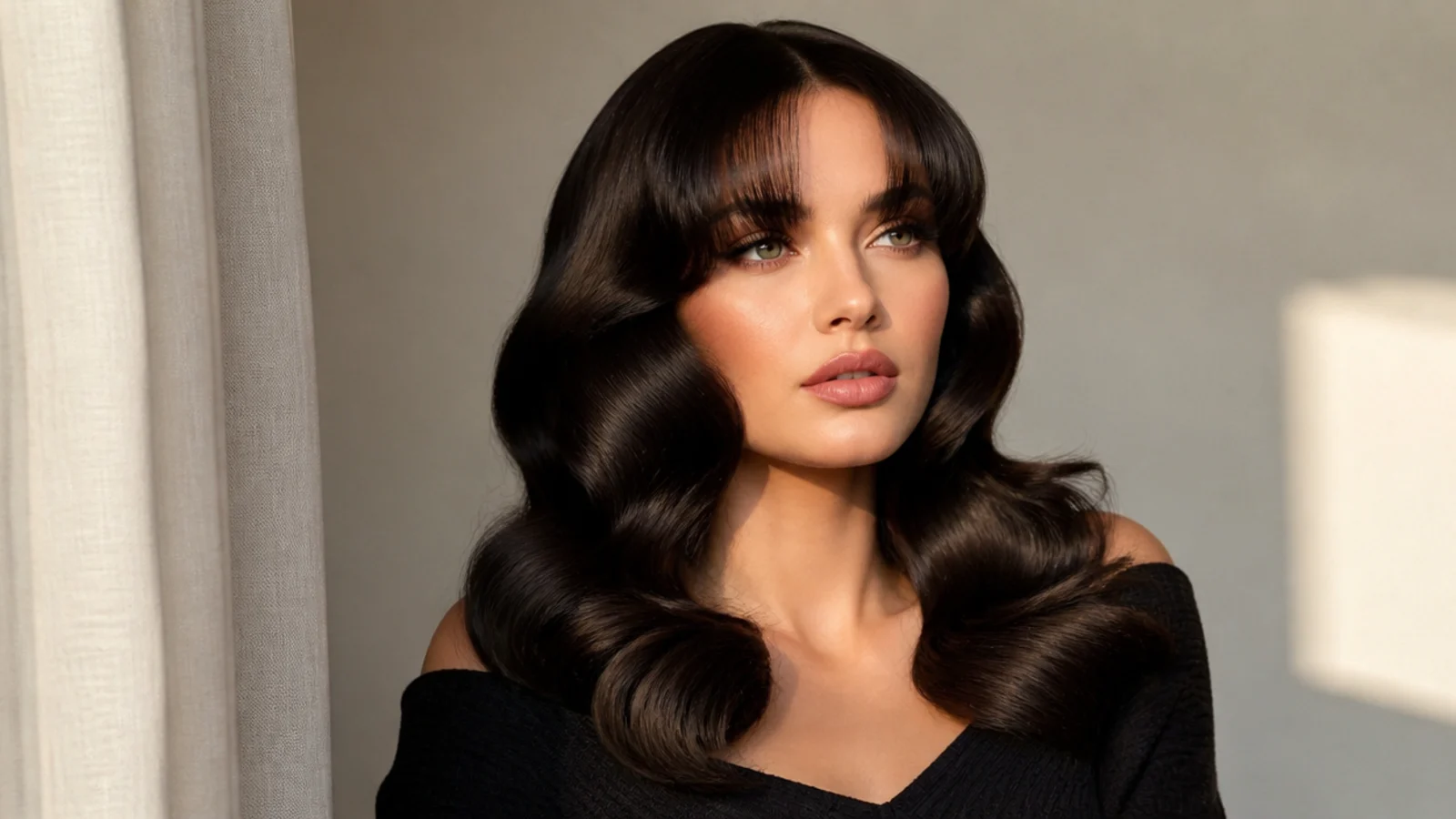 Glossy Hollywood waves and bangs on dark hair