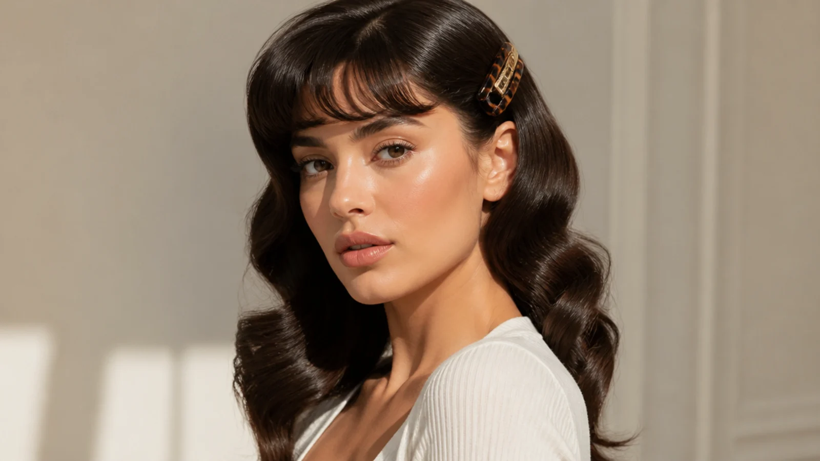 Hollywood waves and bangs finished with a vintage clip