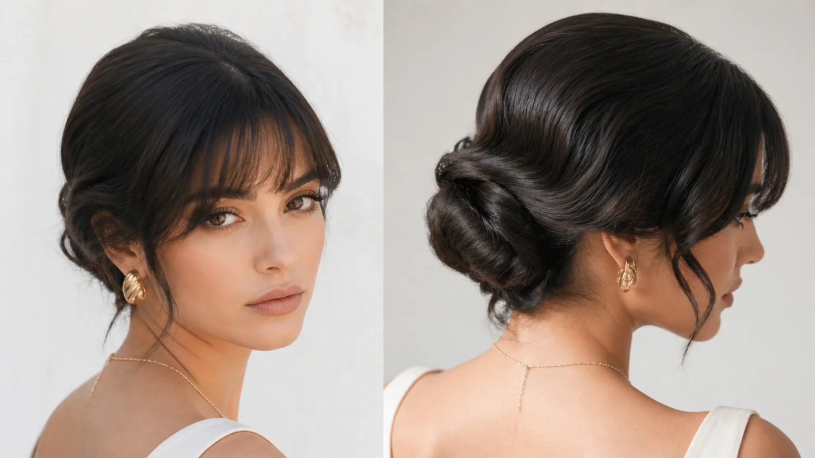 A waved low bun updo worn with bangs