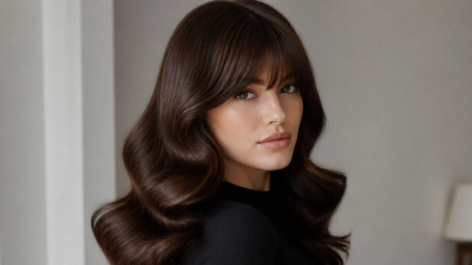 Full, voluminous Hollywood waves with bangs