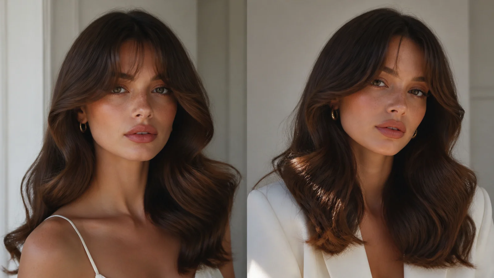 Softly undone Hollywood waves with relaxed bangs