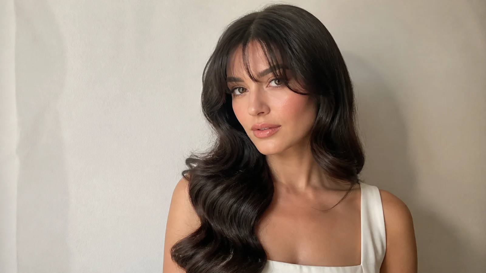Glossy Hollywood waves worn with soft retro bangs