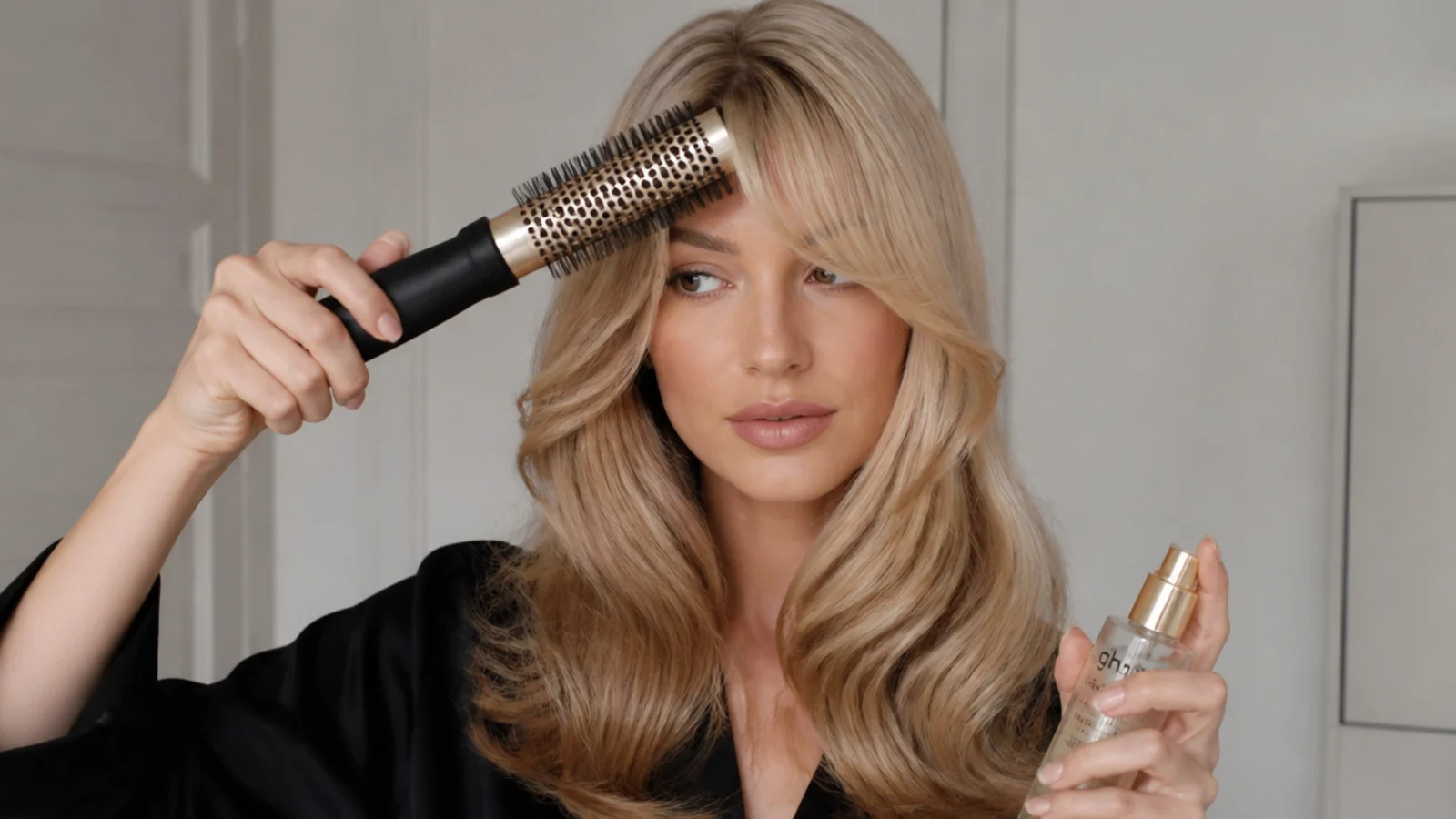 Styling a fringe with a round brush and a little serum for a retro finish
