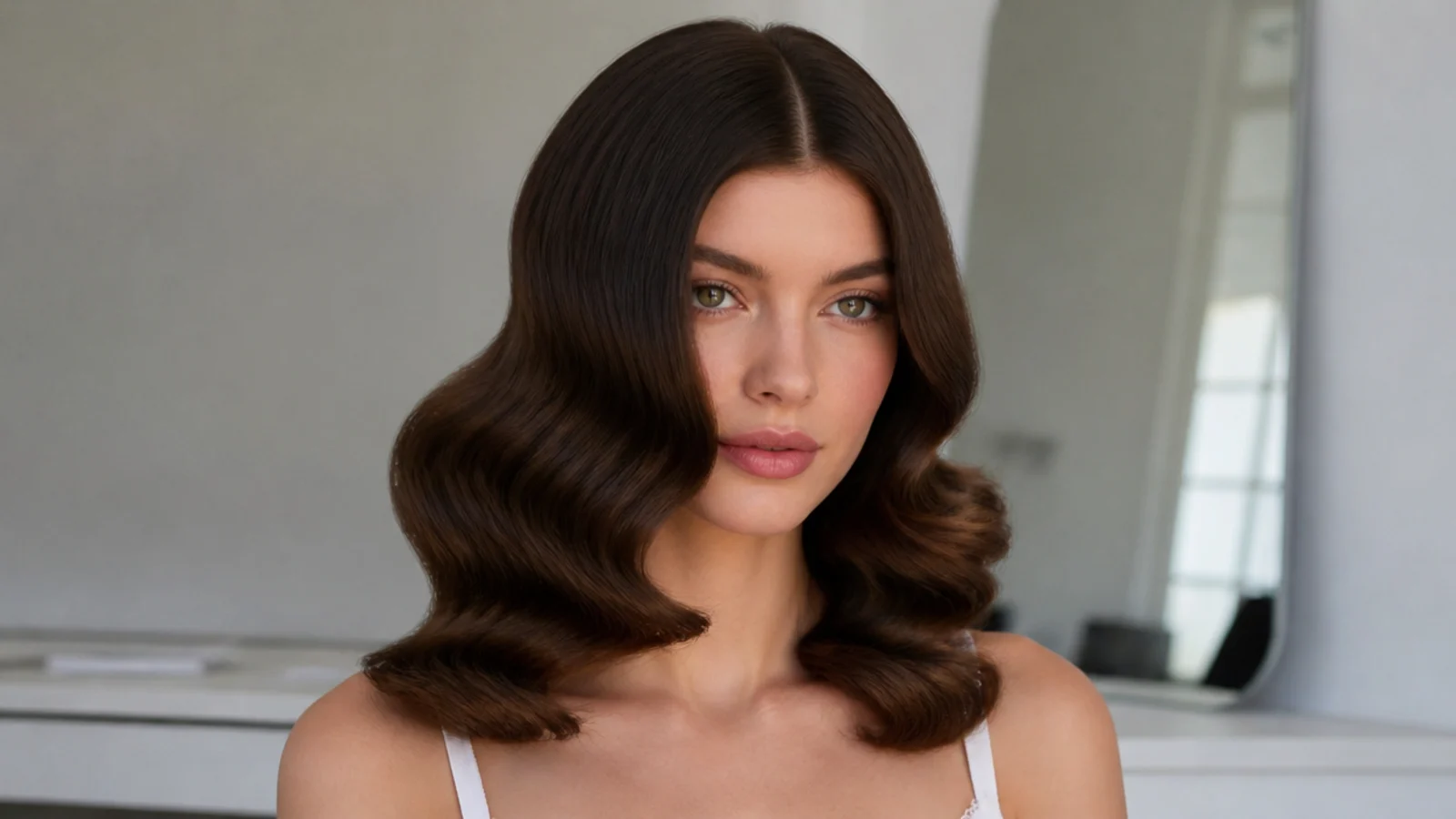 Shoulder-length Hollywood waves with a middle part