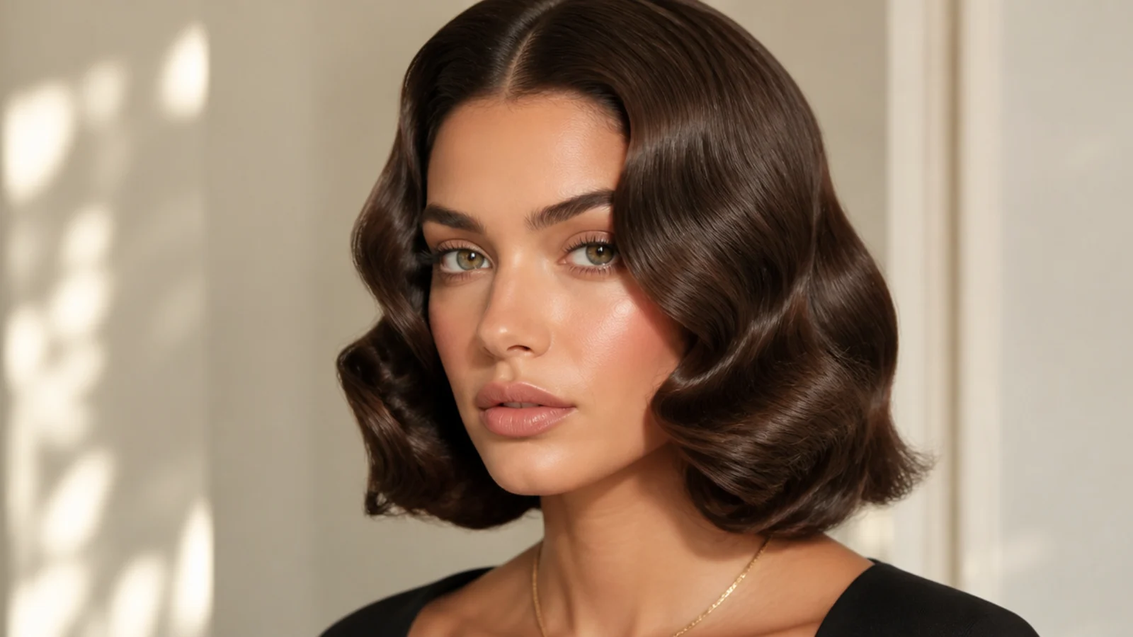 A bob styled in Hollywood waves with a middle part