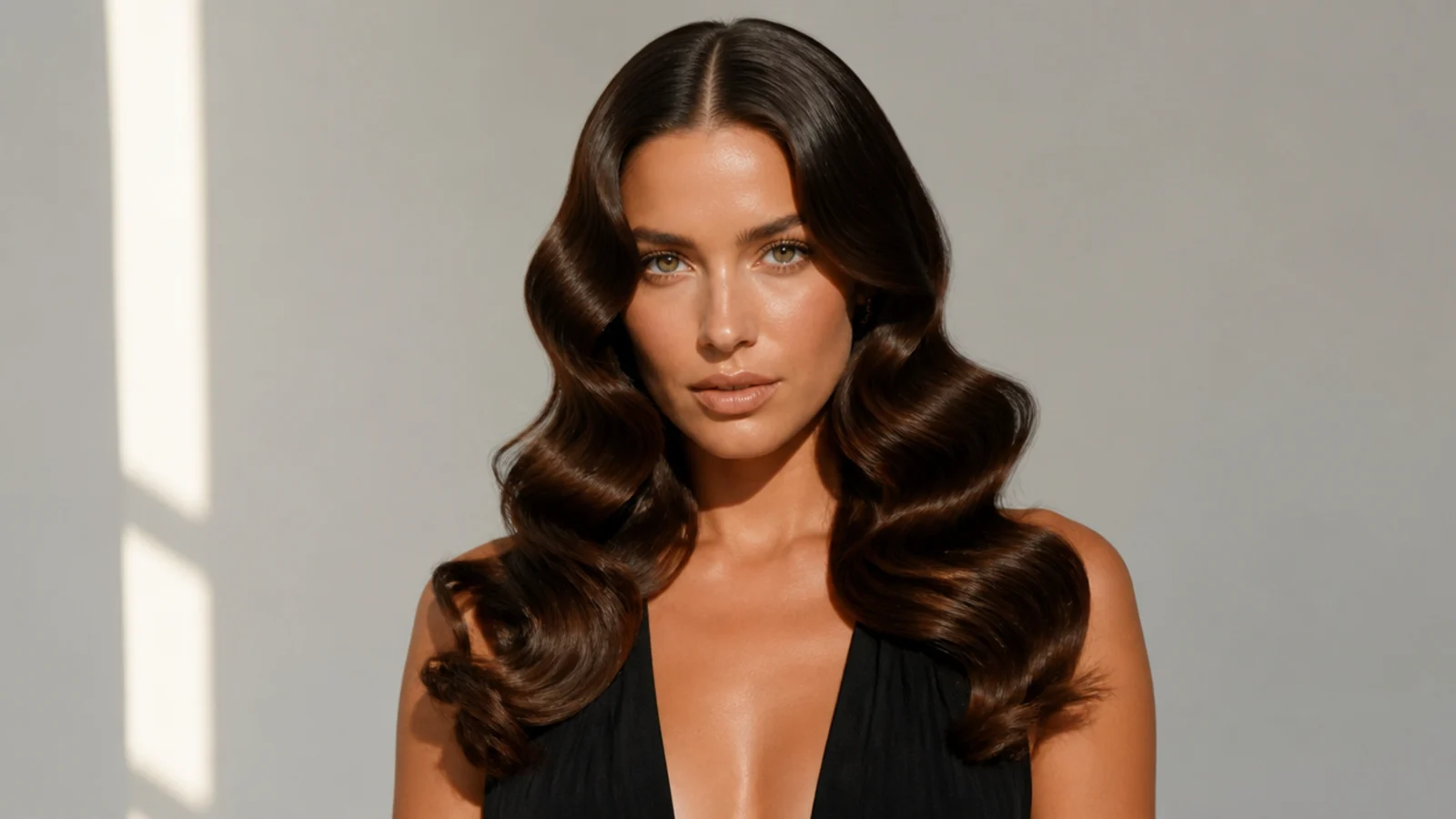 High-shine Hollywood waves with a middle part