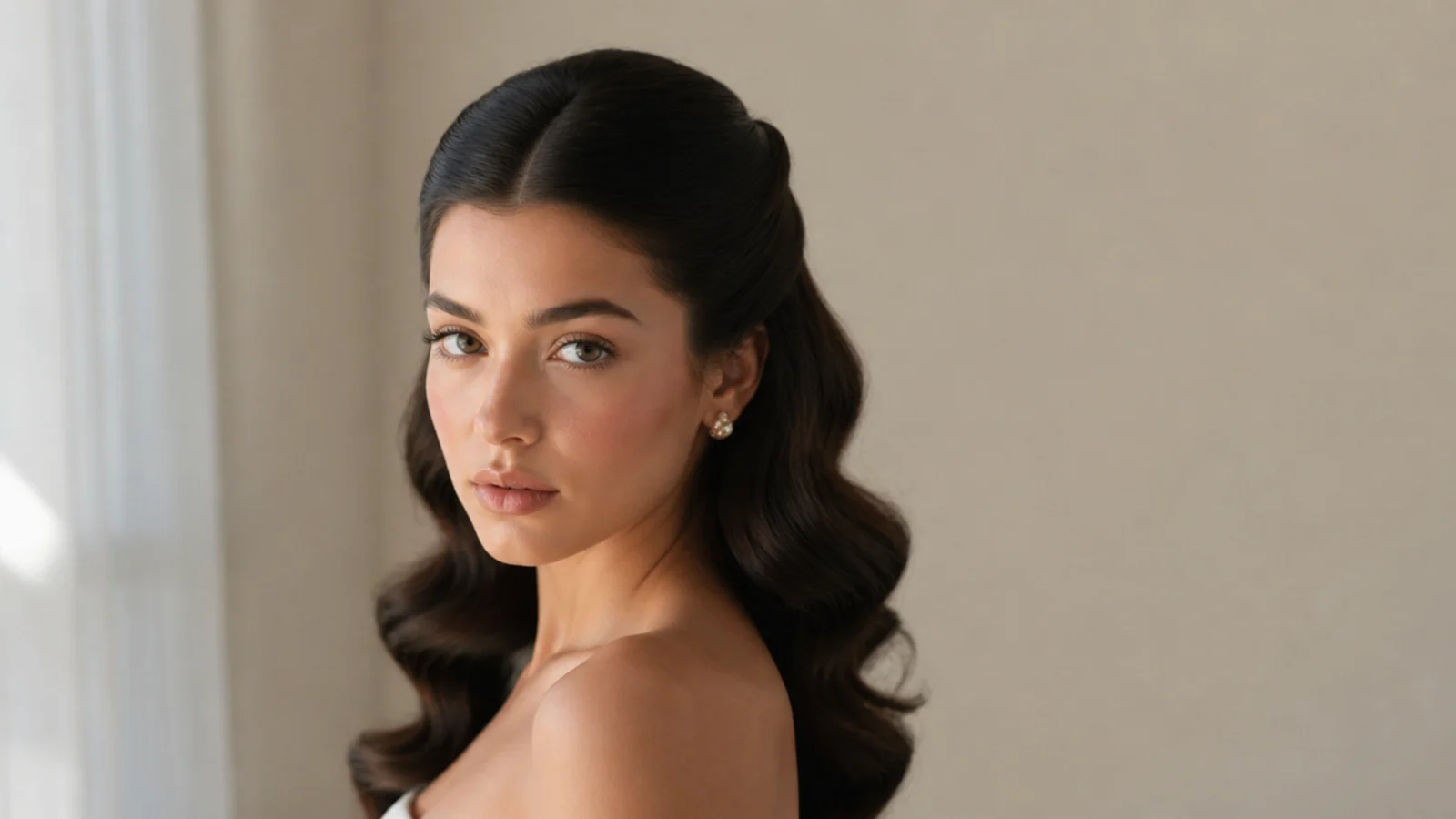 Half-up Hollywood waves with a middle part