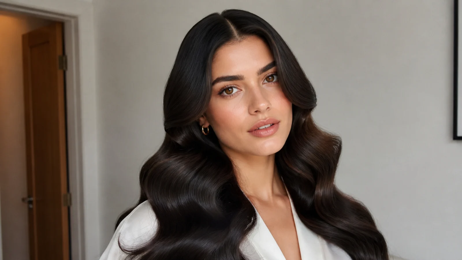 Glossy Hollywood waves with a middle part on dark hair