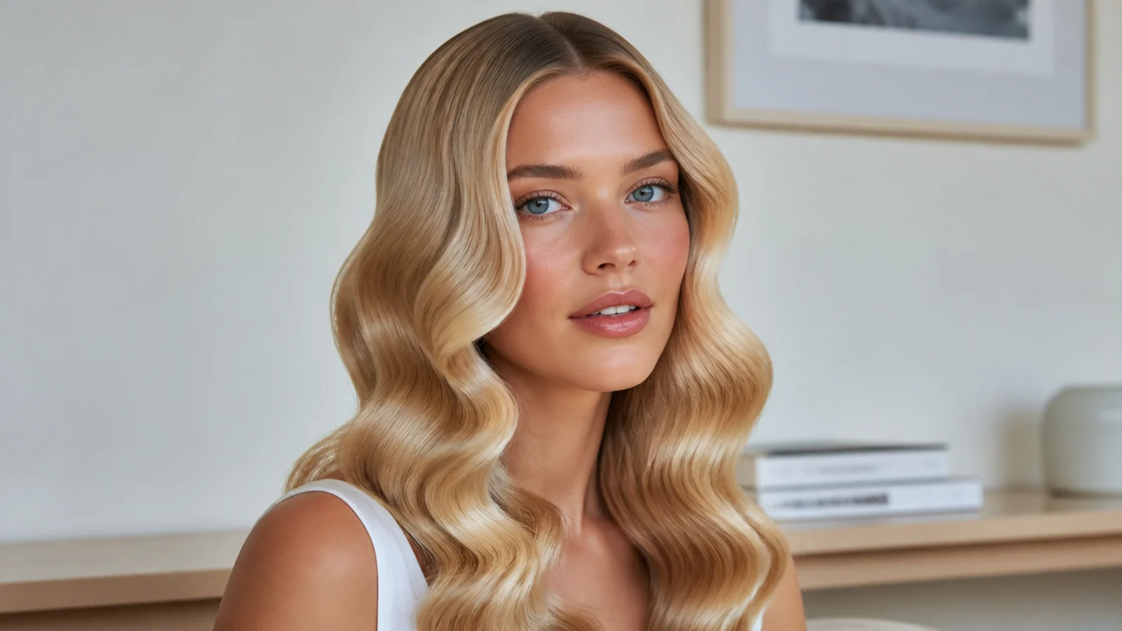 Hollywood waves with a middle part on blonde hair