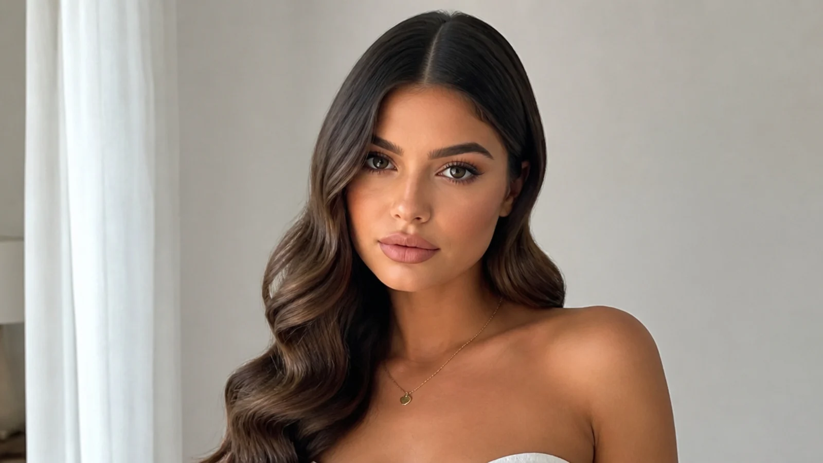 Middle-part Hollywood waves swept over one shoulder