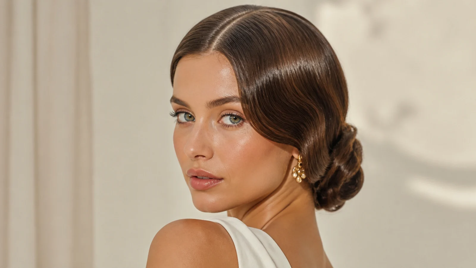 Middle-part Hollywood waves swept into a low bun