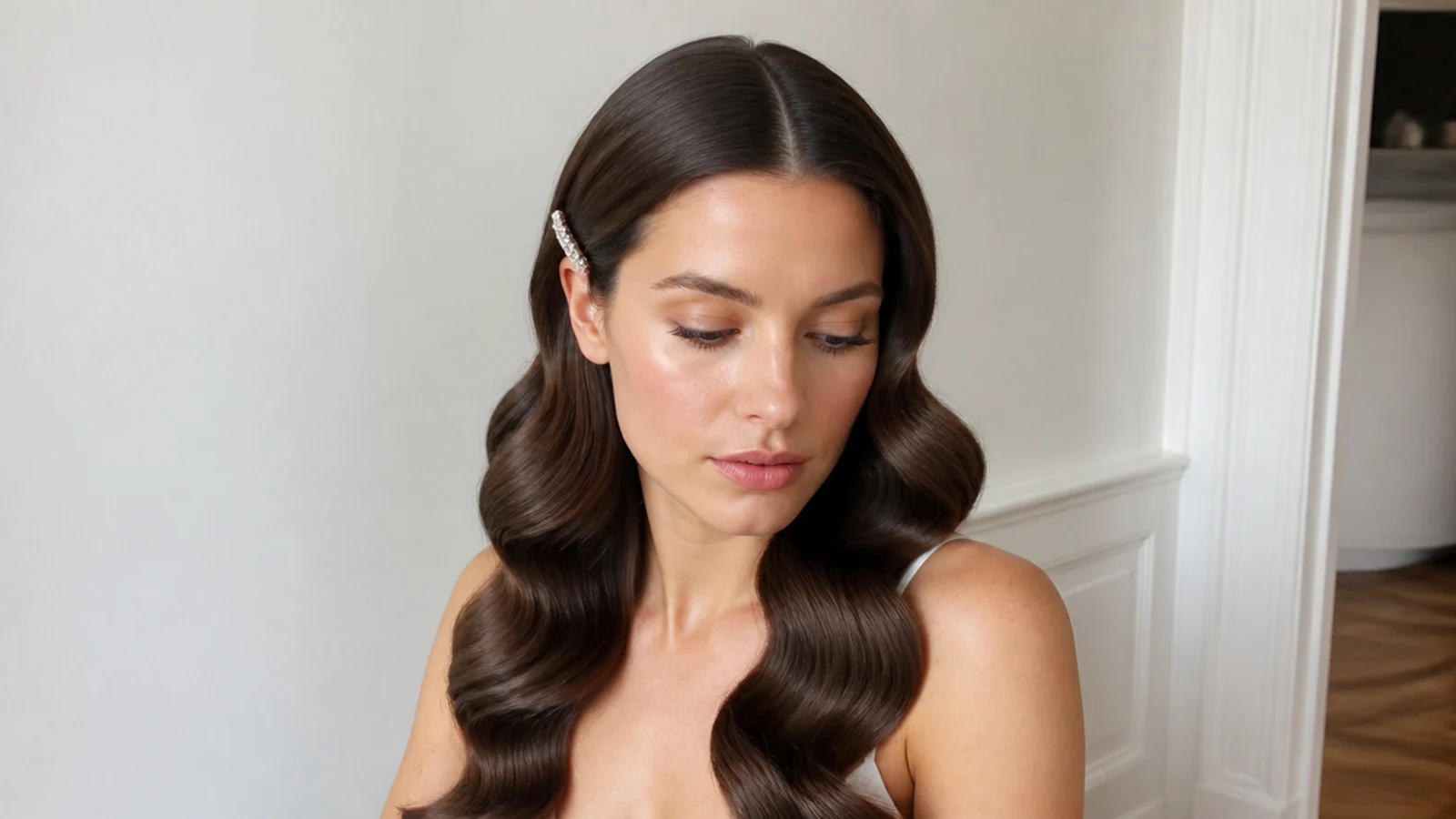 Middle-part Hollywood waves finished with a sleek clip