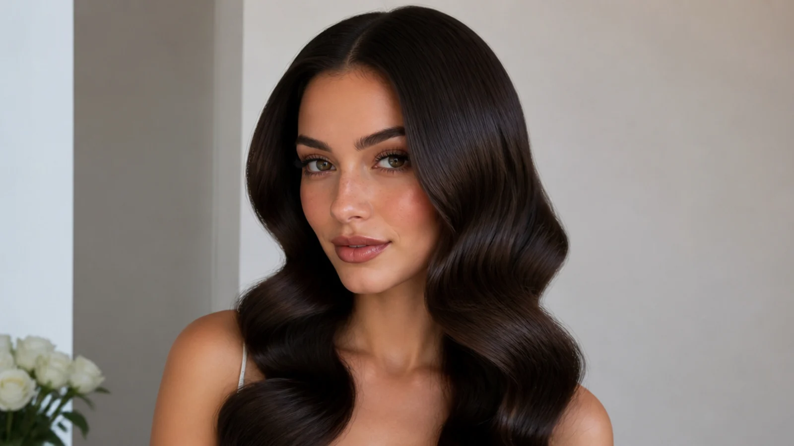 Glossy Hollywood waves with a clean middle part