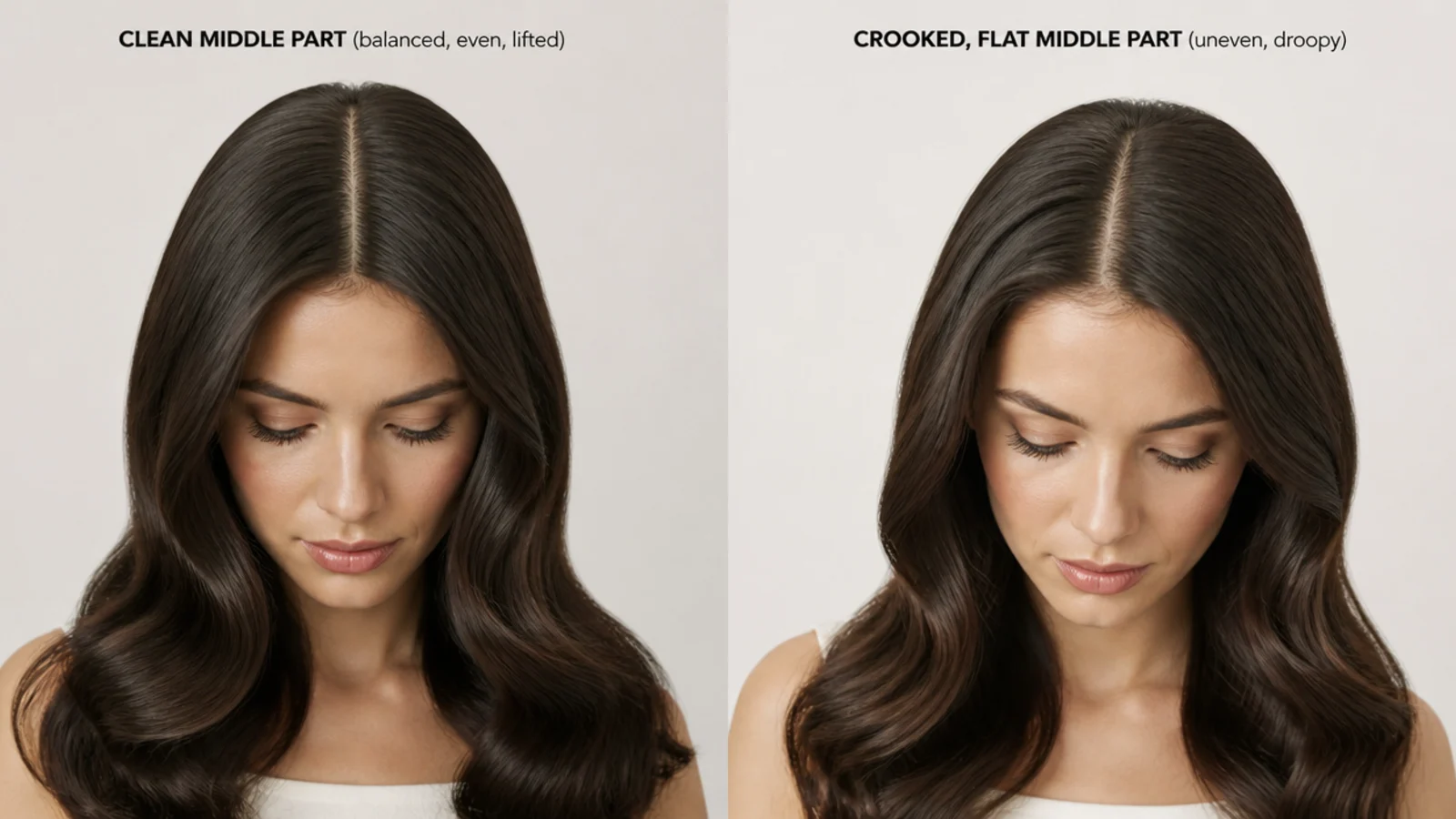 A clean, even middle part versus a crooked, flat one