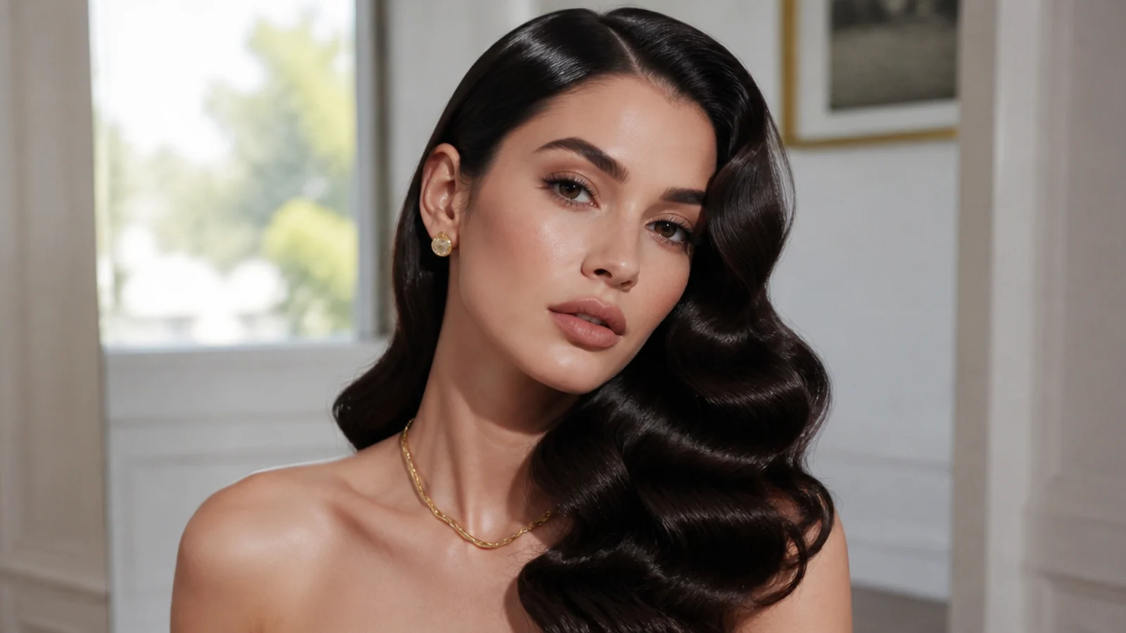 Old-Hollywood waves swept dramatically over one shoulder