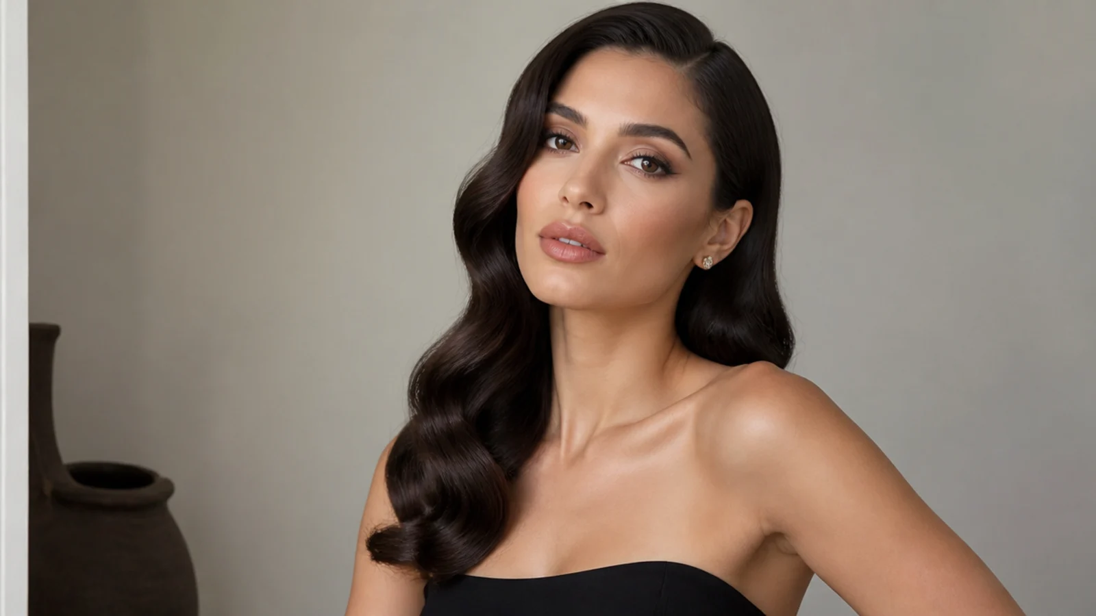 High-shine old-Hollywood waves on dark hair