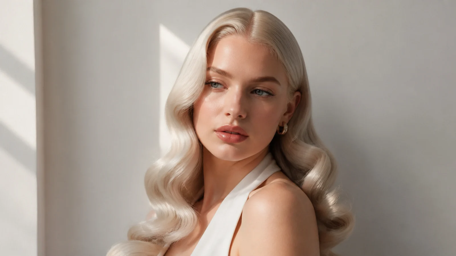 Icy platinum hair in glossy old-Hollywood waves
