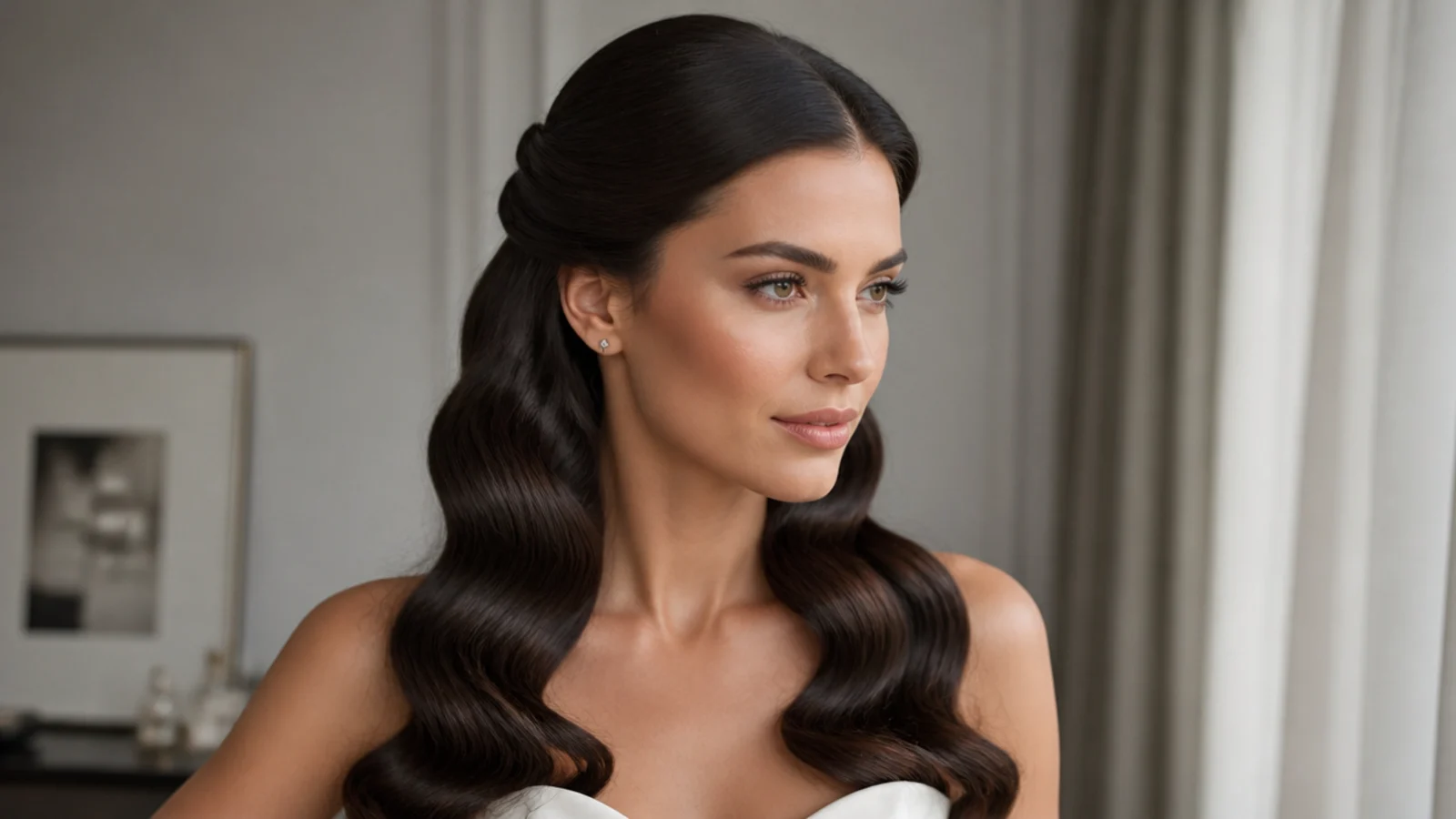 Half-up old-Hollywood waves with a soft pinned crown
