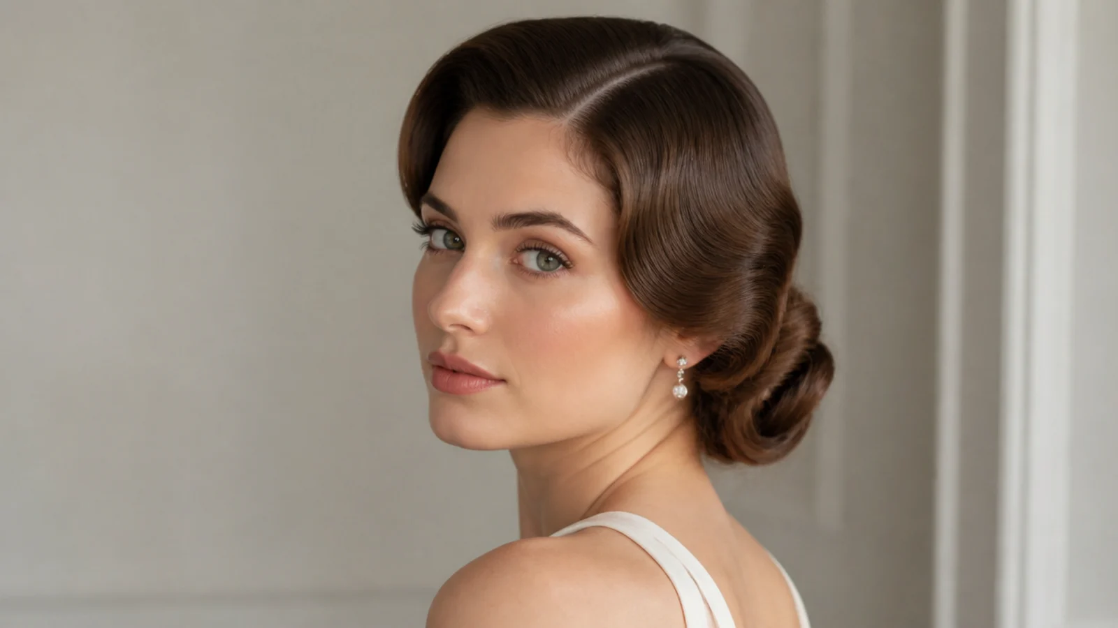 Old-Hollywood waves swept into a soft low chignon