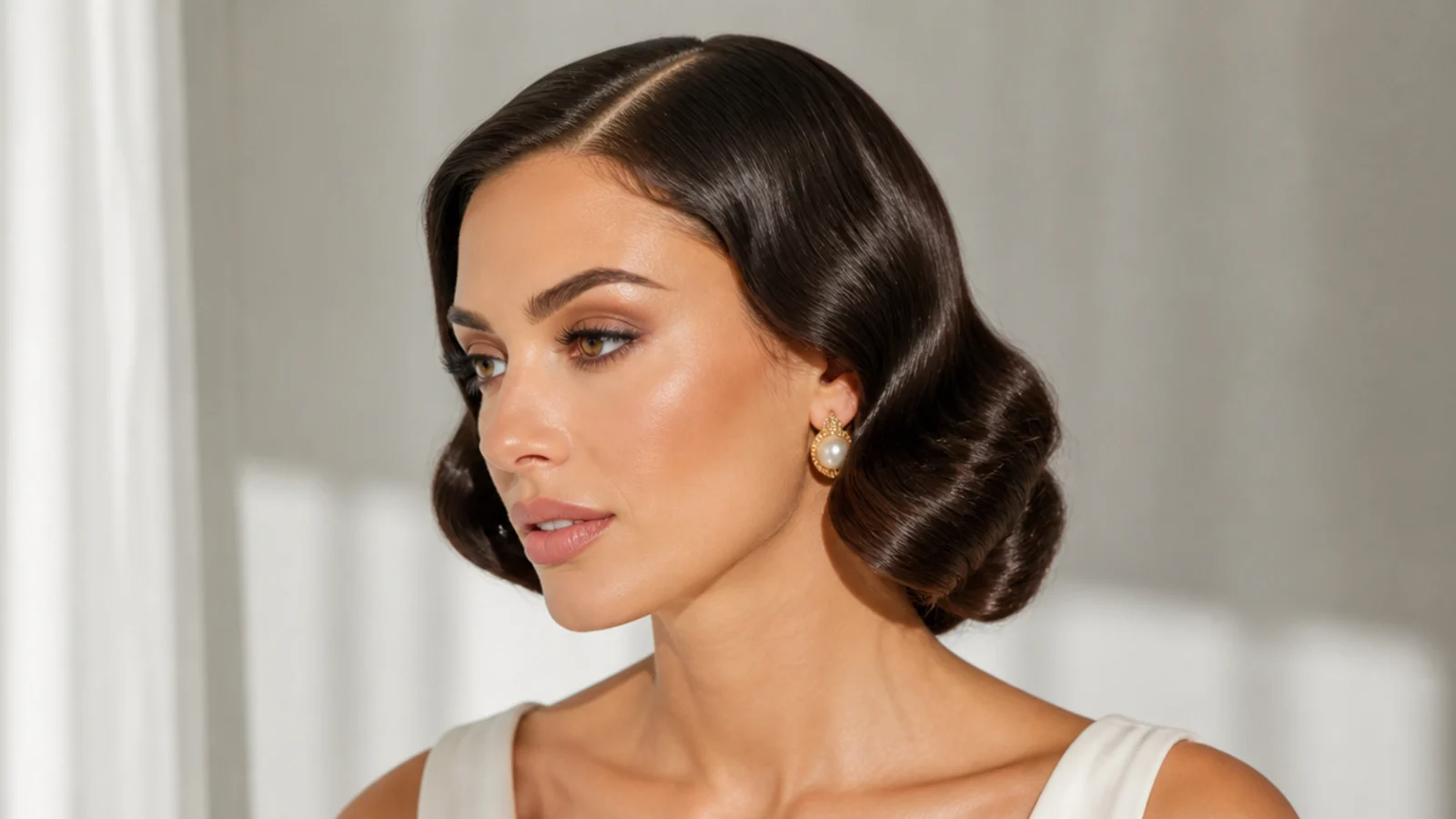 Long hair pinned into a waved vintage faux bob